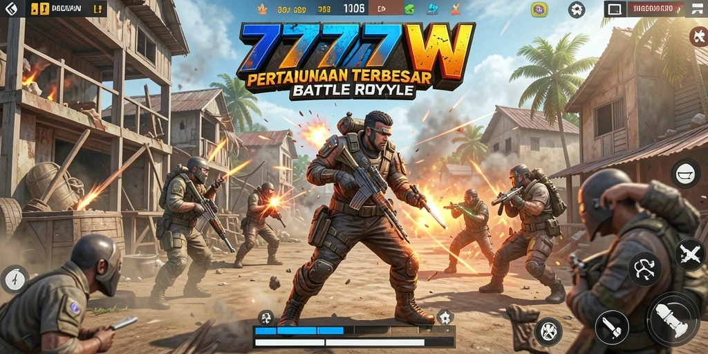 Tampilan in-game 7777W saat pertarungan Battle Royale berlangsung dengan intens.