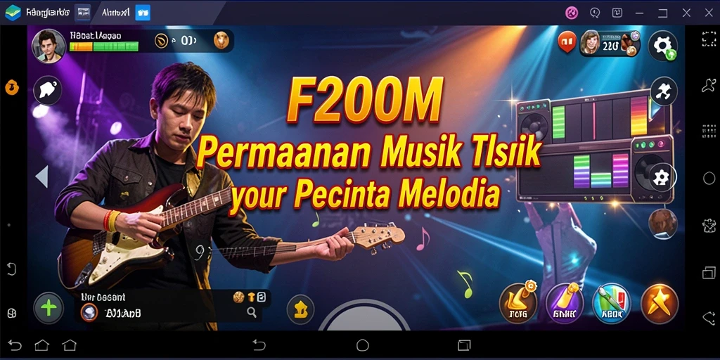 Tampilan screenshot utama F200M menampilkan gameplay musik yang dinamis.