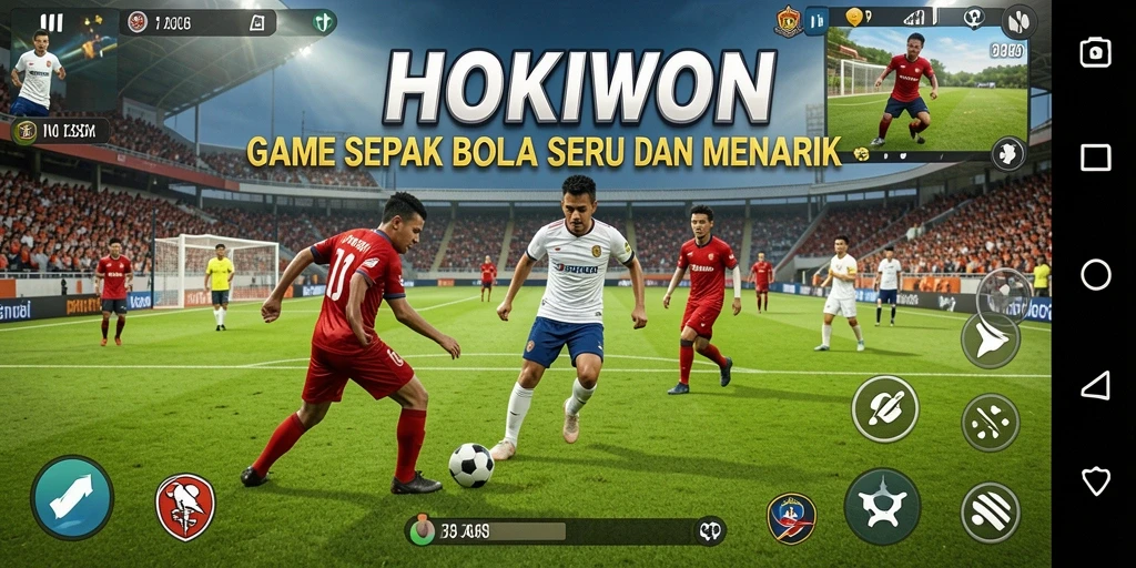 Screenshot HOKIWON menampilkan aksi seru di lapangan sepak bola.