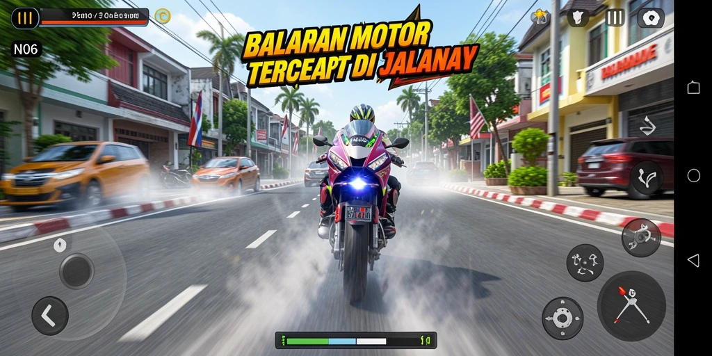 Screenshot gameplay N06 yang menampilkan aksi balapan motor.