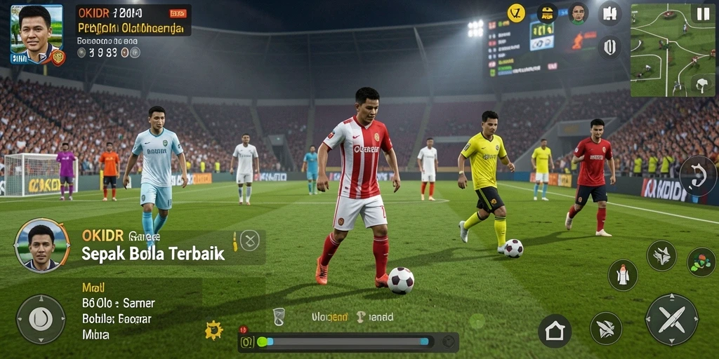 Tampilan gameplay OKIDR yang mendebarkan dengan aksi sepak bola nyata.