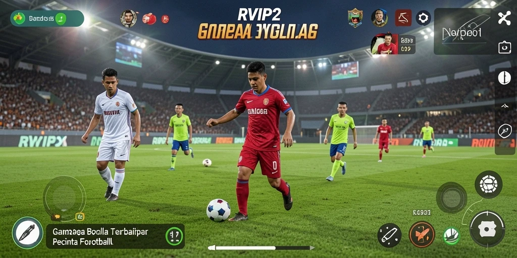 Screenshot gameplay RVIP2 dengan aksi sepak bola yang intens.