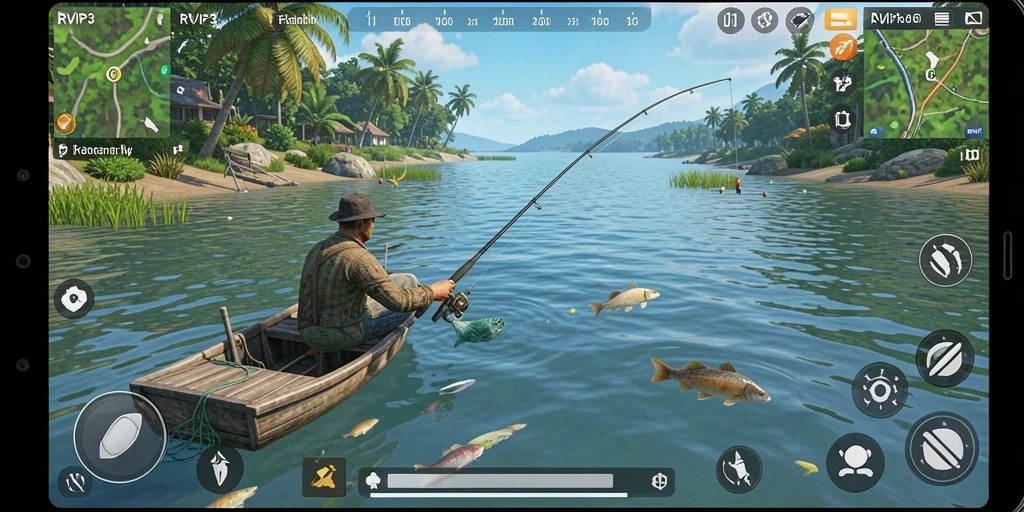 Screenshot dari gameplay RVIP3 yang menampilkan momen tangkap ikan.