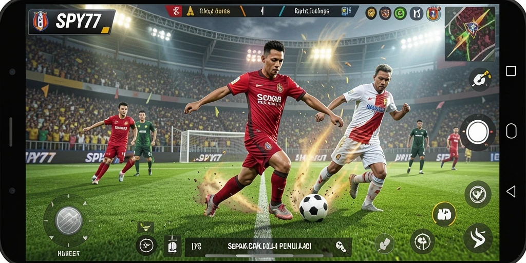 Screenshot game SPY77 menampilkan aksi menarik di lapangan sepak bola.
